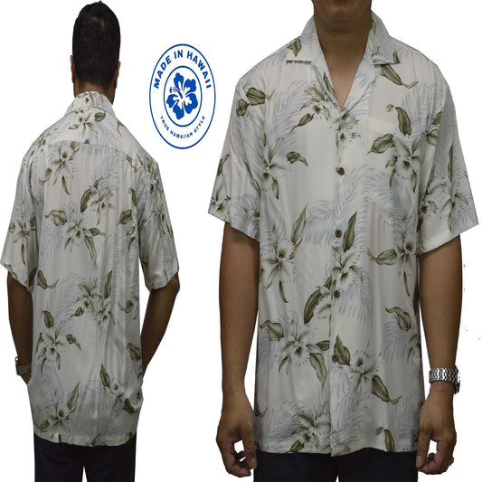 Locally made in Hawaii: Rayon Hawaiian Shirt Hilo Orchid -White