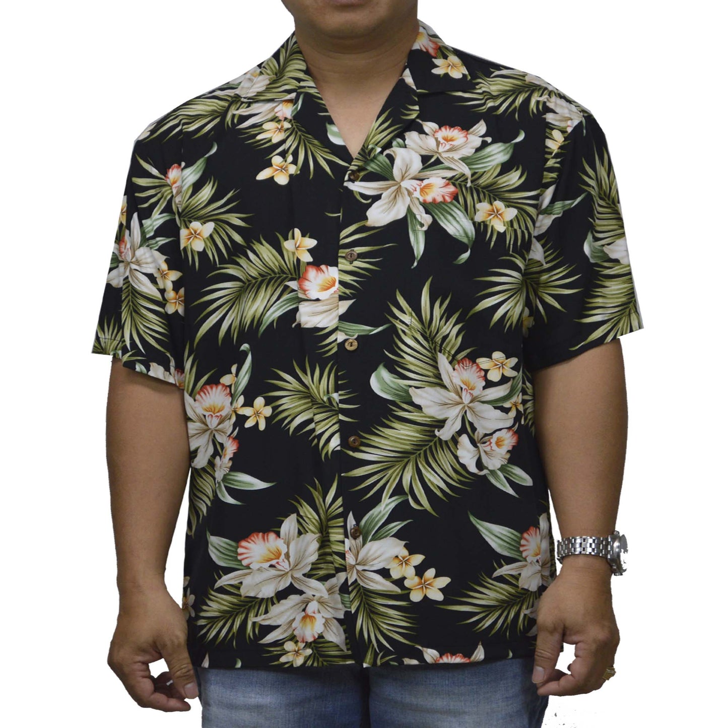 Locally made in Hawaii: Rayon Hawaiian Shirt Maui Orchid -Black