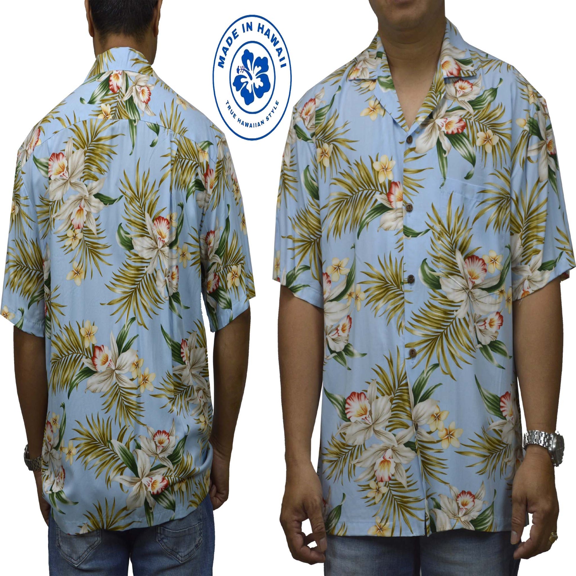 Locally made Hawaii: Rayon Hawaiian Shirt Maui Orchid -Blue