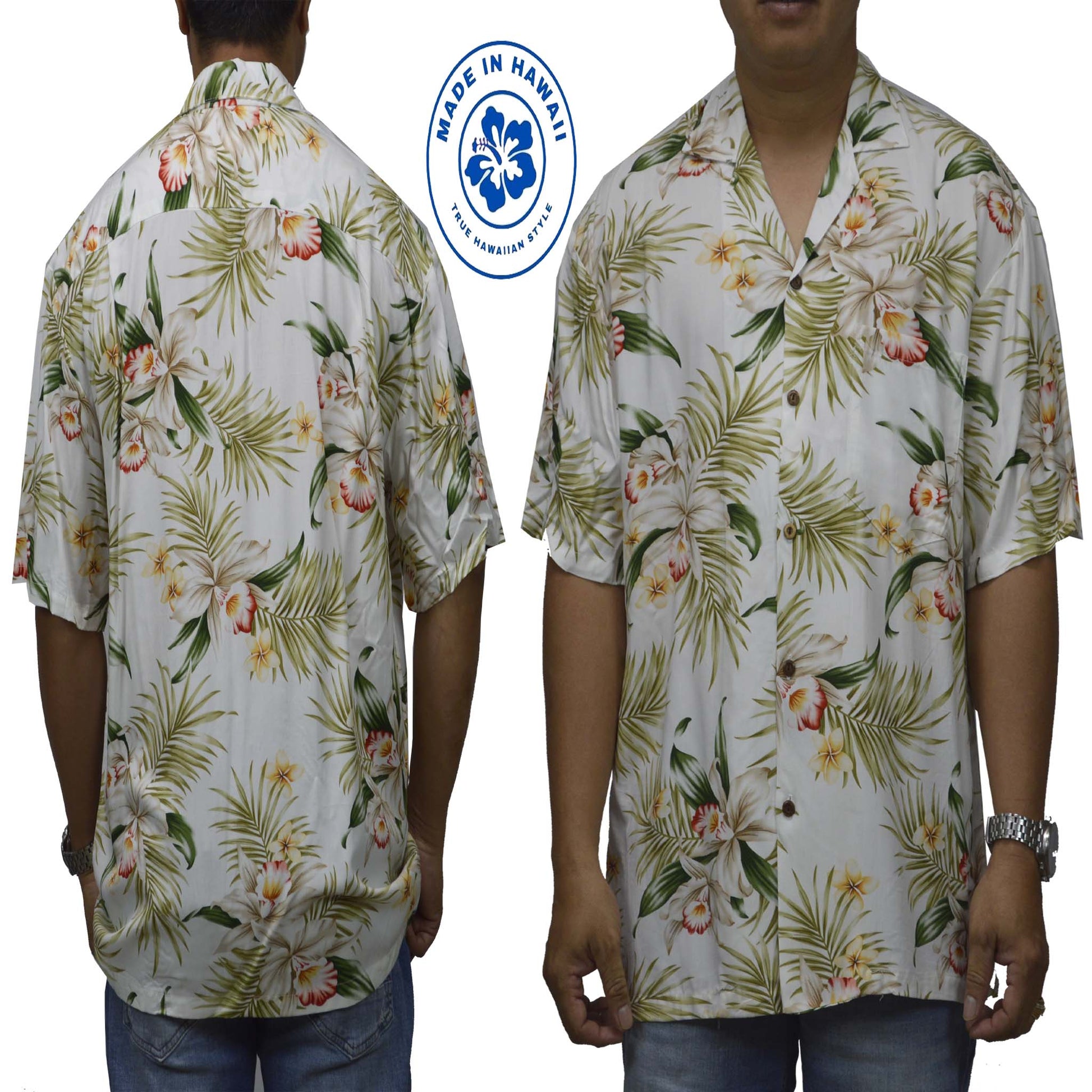 Locally made Hawaii: Rayon Hawaiian Shirt Maui Orchid -White