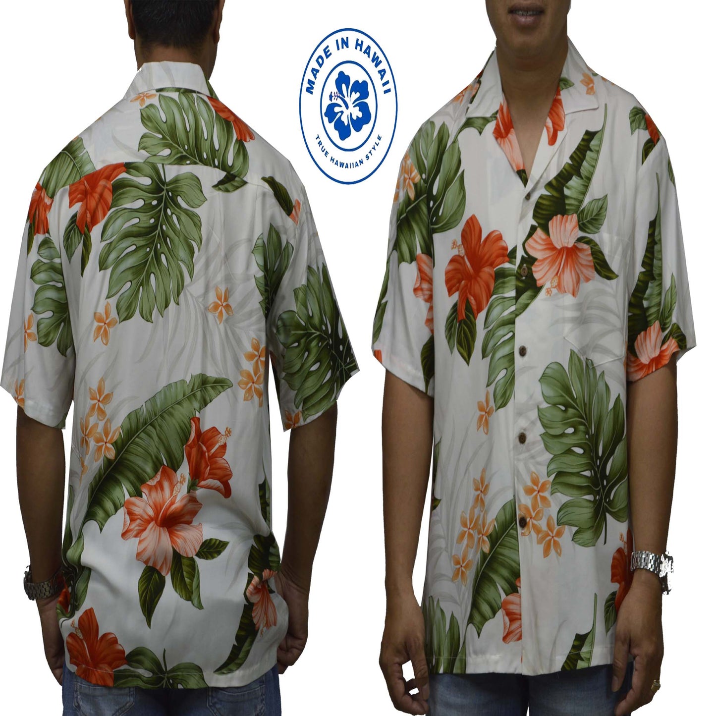 Locally made Hawaii: Rayon Hawaiian Shirt Red Hibiscus -White