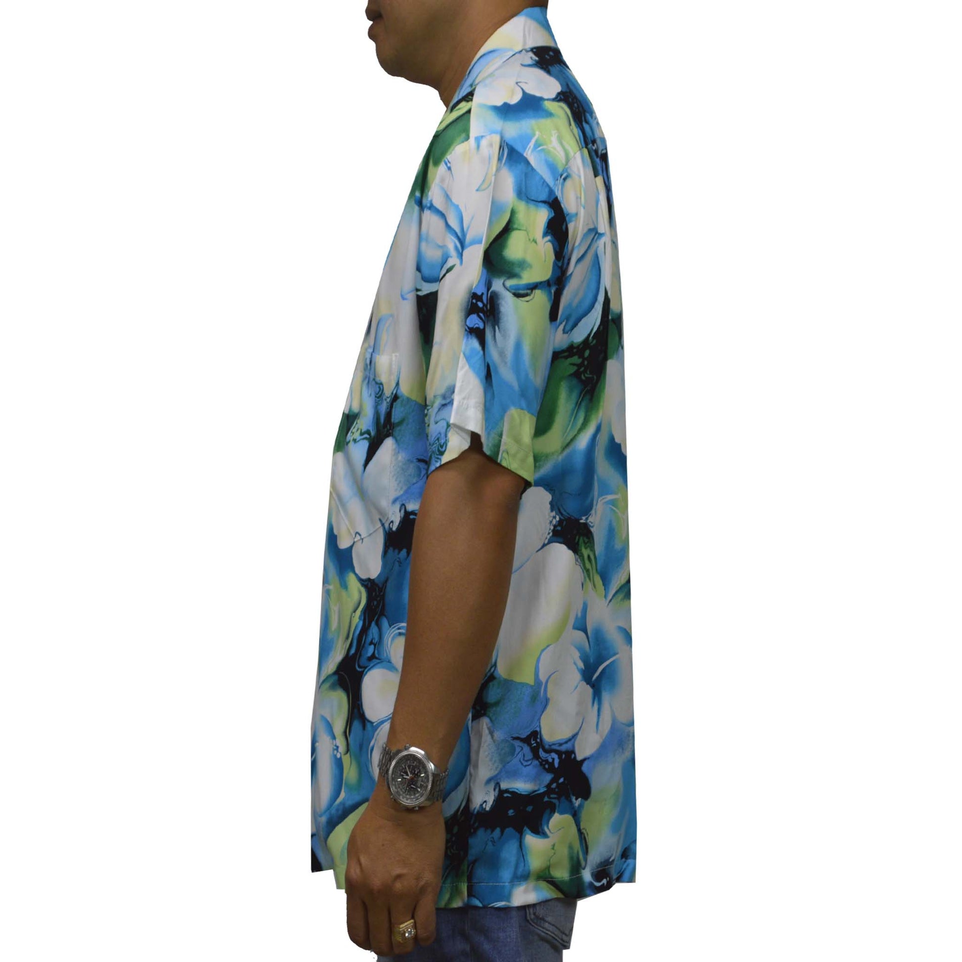Locally made Hawaii: Rayon Hawaiian Shirt Honolulu Hibiscus Art-Blue
