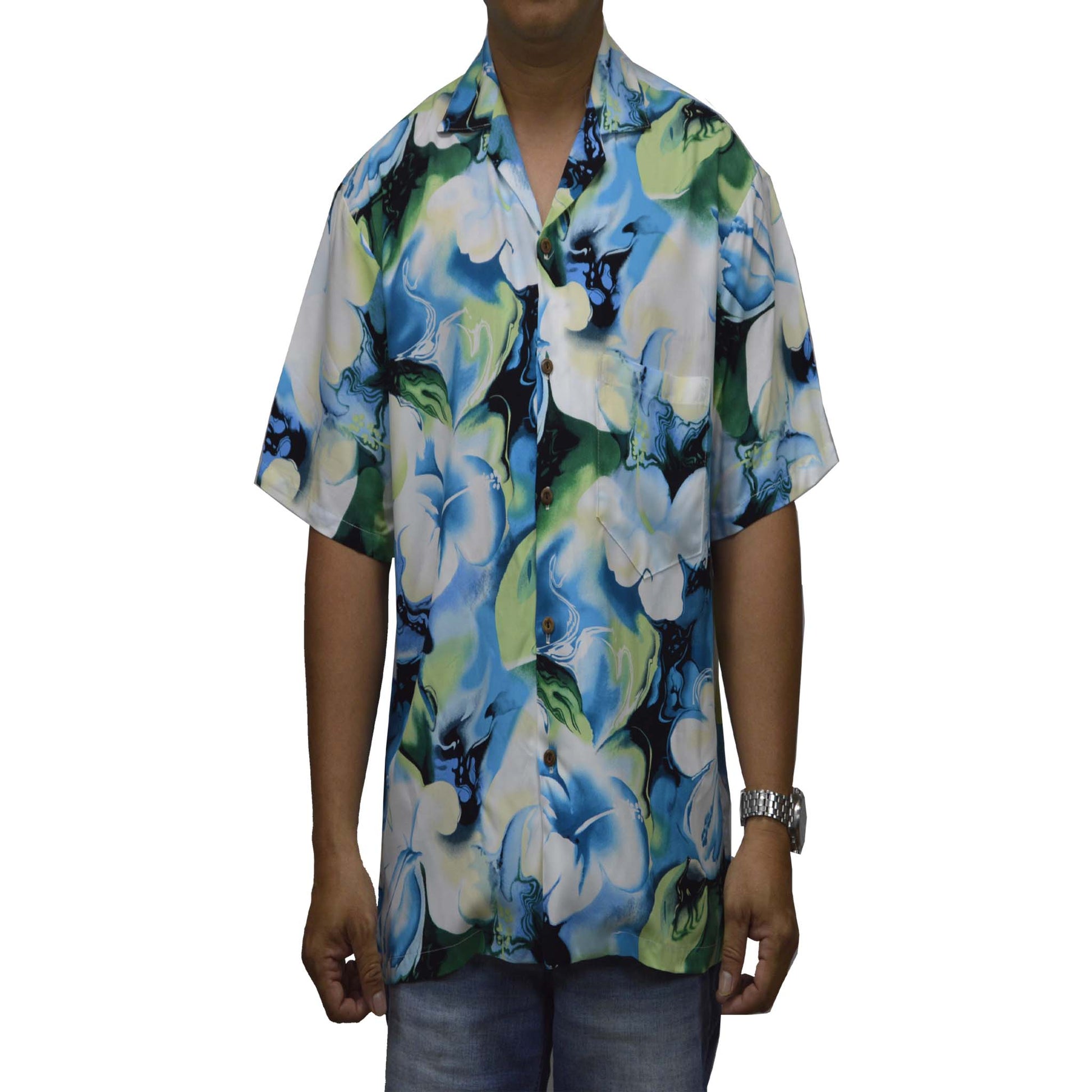 Rayon Hawaiian  Aloha Shirt Honolulu Hibiscus Art-Blue