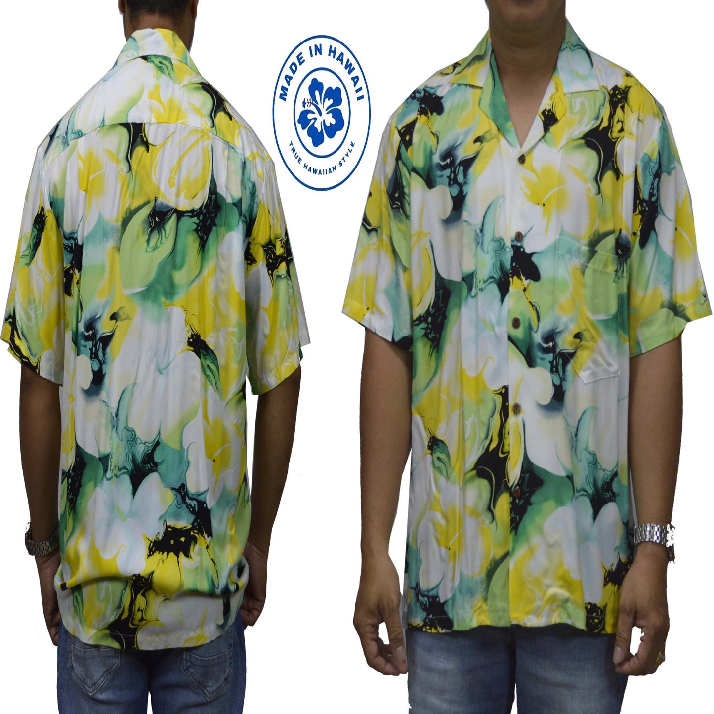 Locally made Hawaii: Rayon Hawaiian Shirt Honolulu Hibiscus Art-Yellow