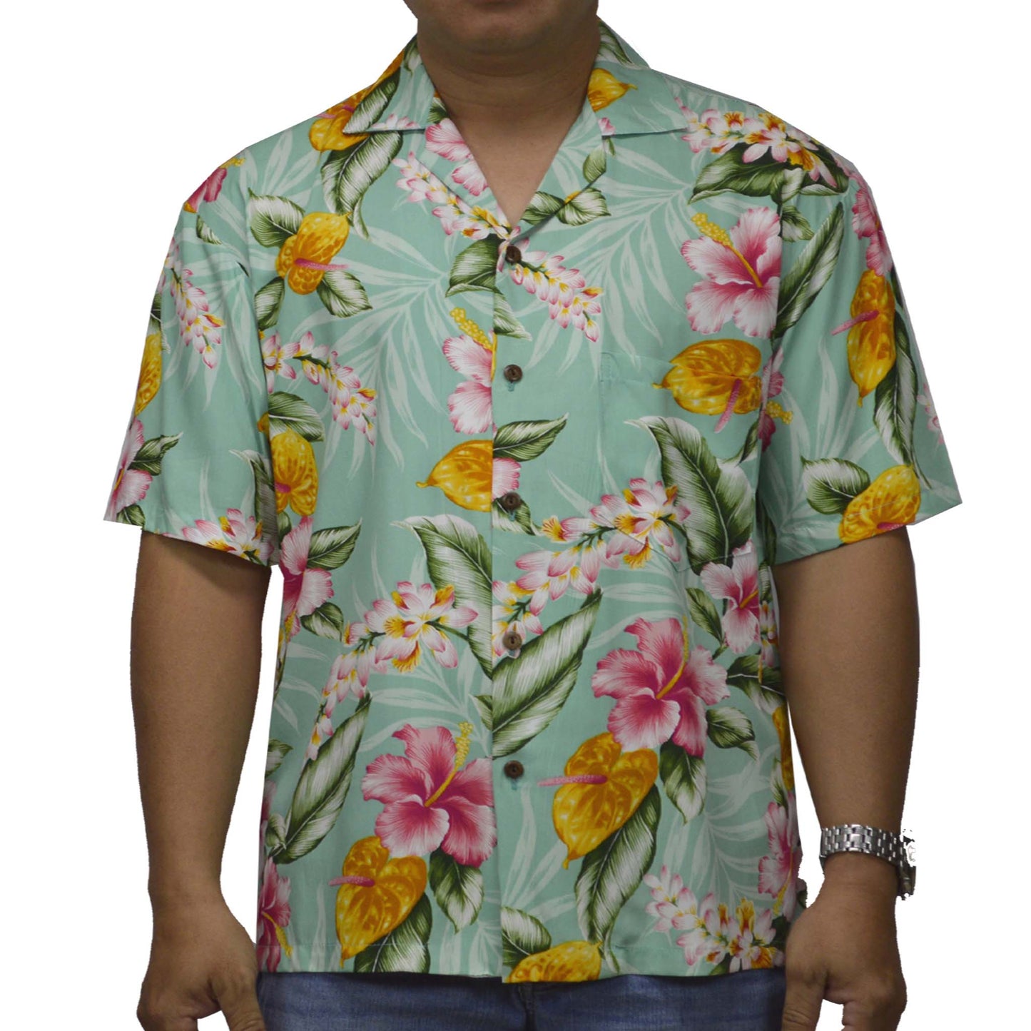 Rayon Hawaiian Shirt Tropical Flower -Green