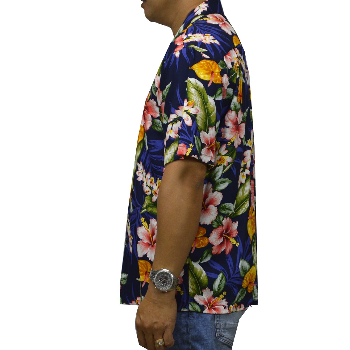 Rayon Hawaiian shirts Hawaii: Men's Hawaiian Shirt Tropical Flower -Navy