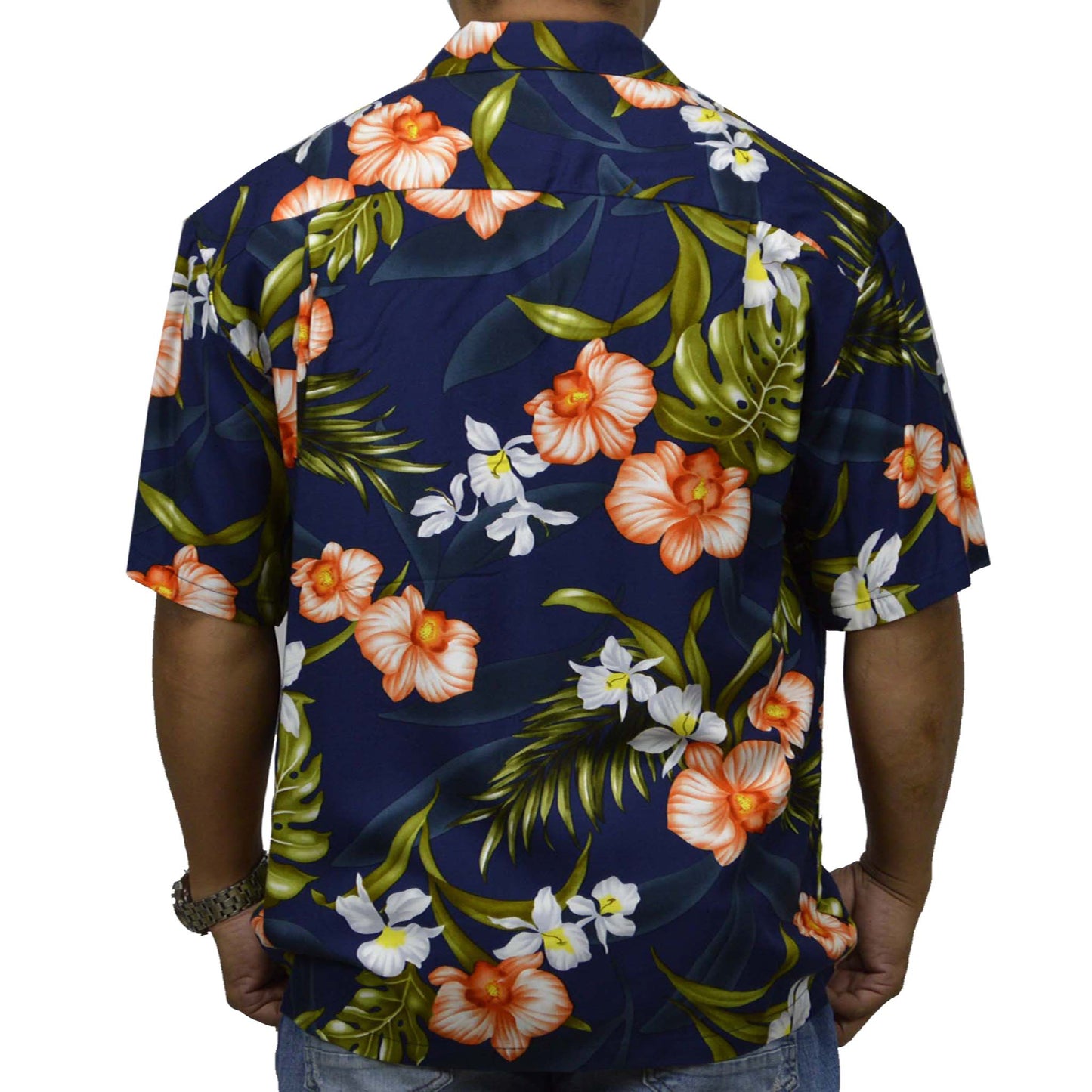 Locally made Hawaii: Rayon Hawaiian Shirt Kona Orchid -Navy