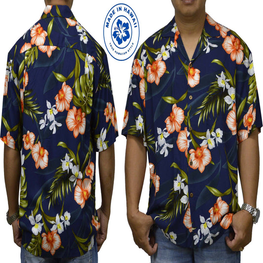 Locally made Hawaii: Rayon Hawaiian Shirt Kona Orchid -Navy