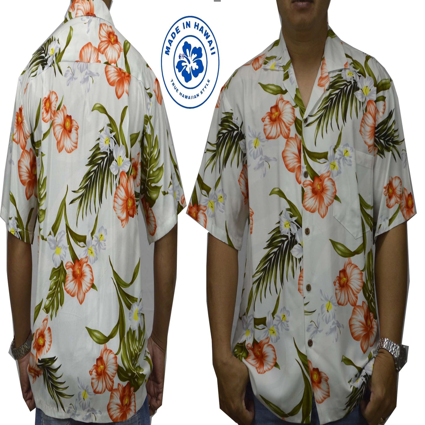 Locally made Hawaii: Rayon Hawaiian Shirt Kona Orchid -White