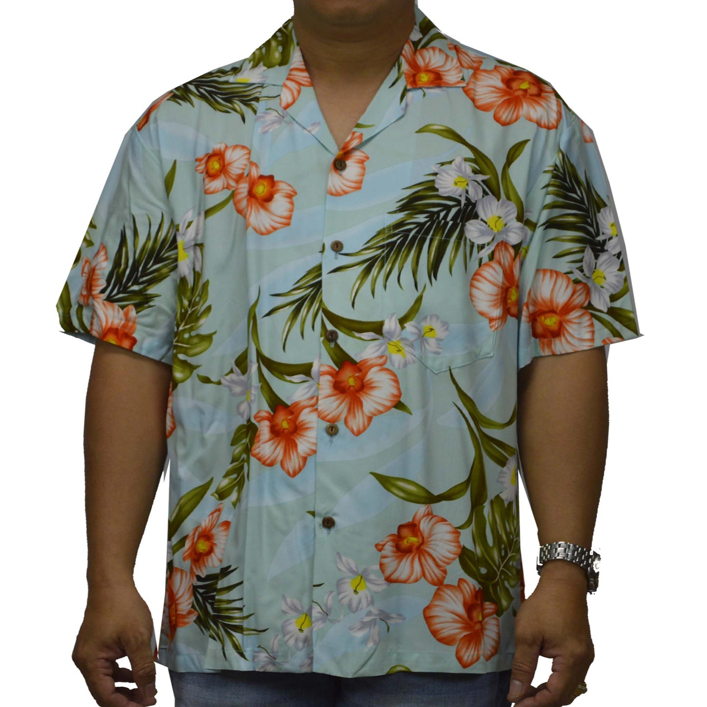 Locally made in Hawaii: Rayon Hawaiian Shirt Kona Orchid -Green