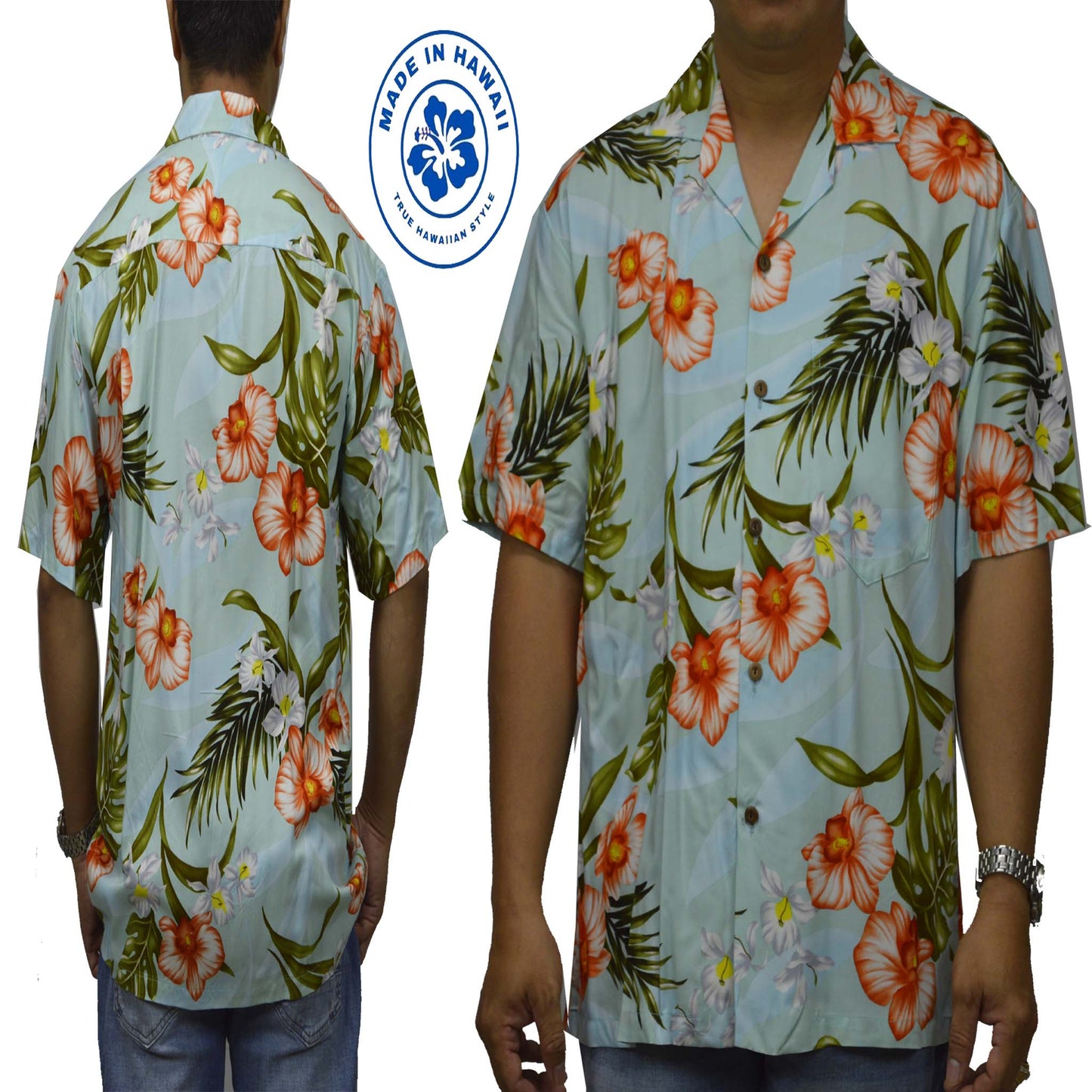 Locally made Hawaii: Rayon Hawaiian Shirt Kona Orchid -Green