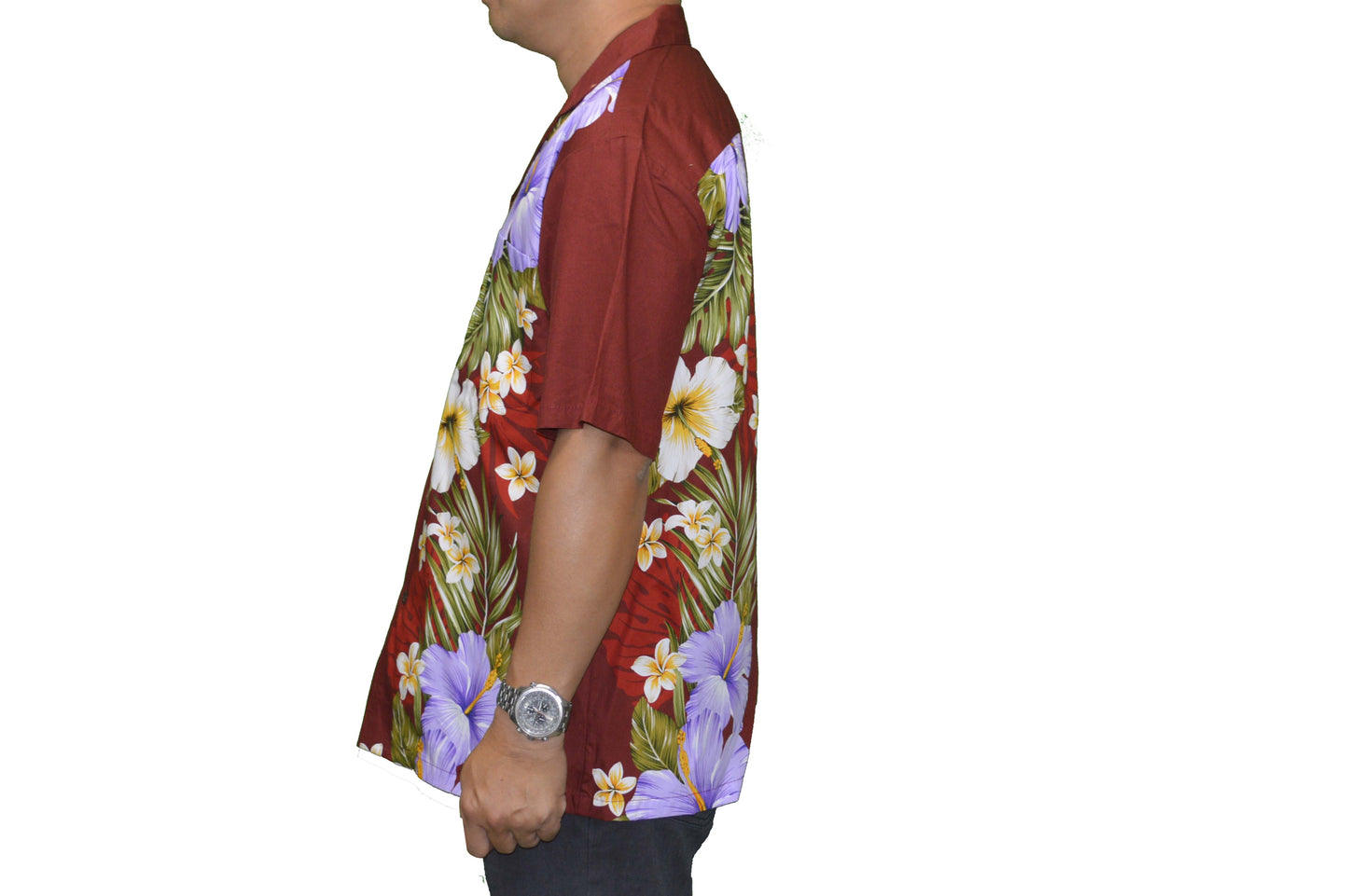 made in Hawaii aloha cotton Hawaiian shirt with purple hibiscus side flower 