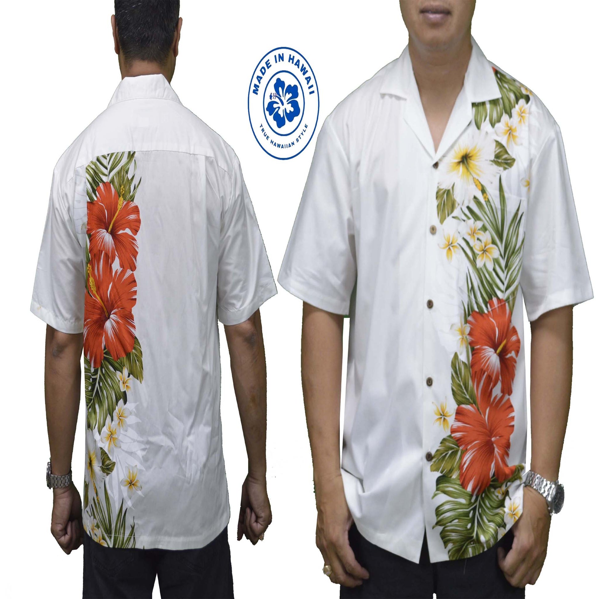 100% cotton Hawaiian shirt with red hibiscus side flower, white shirt is made locally Honolulu