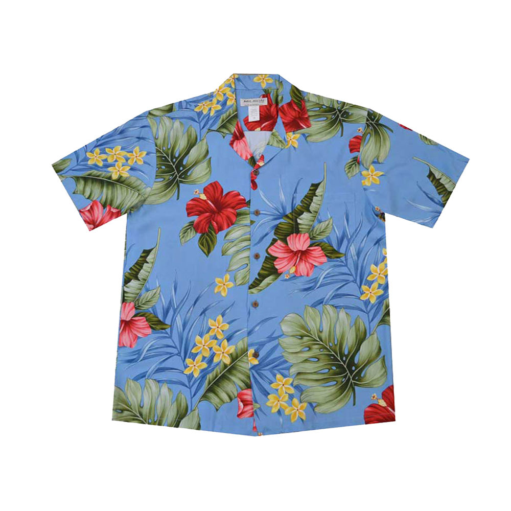 Locally made in Hawaii: Rayon Hawaiian Shirt Red Hibiscus -Blue