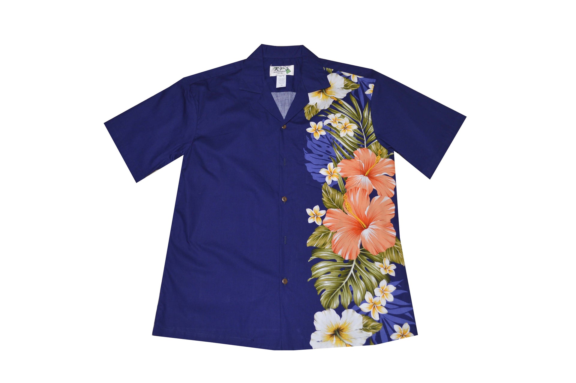 Plumeria & Hibiscus Navy Coral Cotton Men's Hawaiian Shirt — kyifi.com