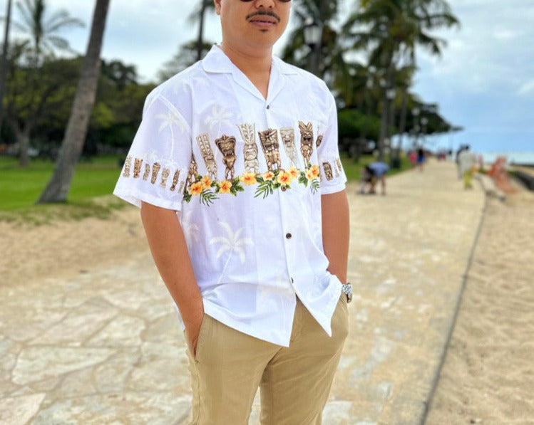 Ky's Hawaiian Cotton Shirt Lucky Tiki-White