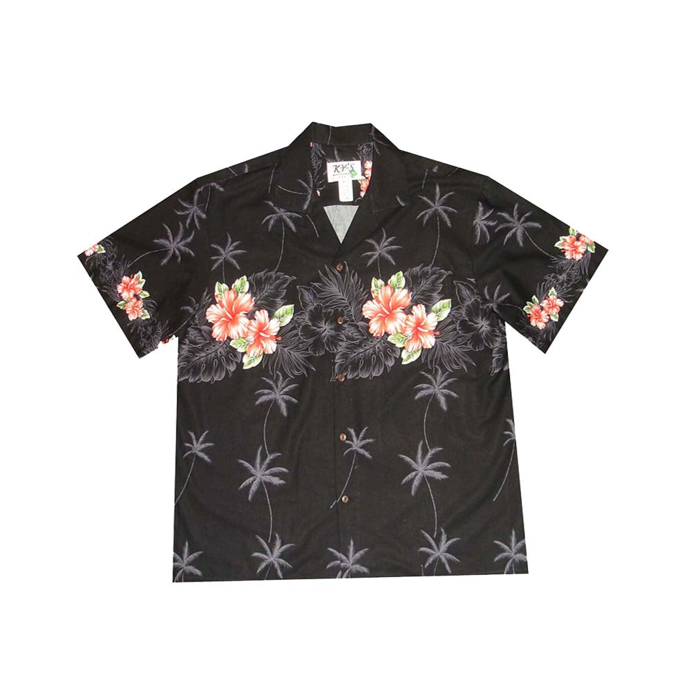 Cotton Hawaiian Shirt 50TH State Floral-Black