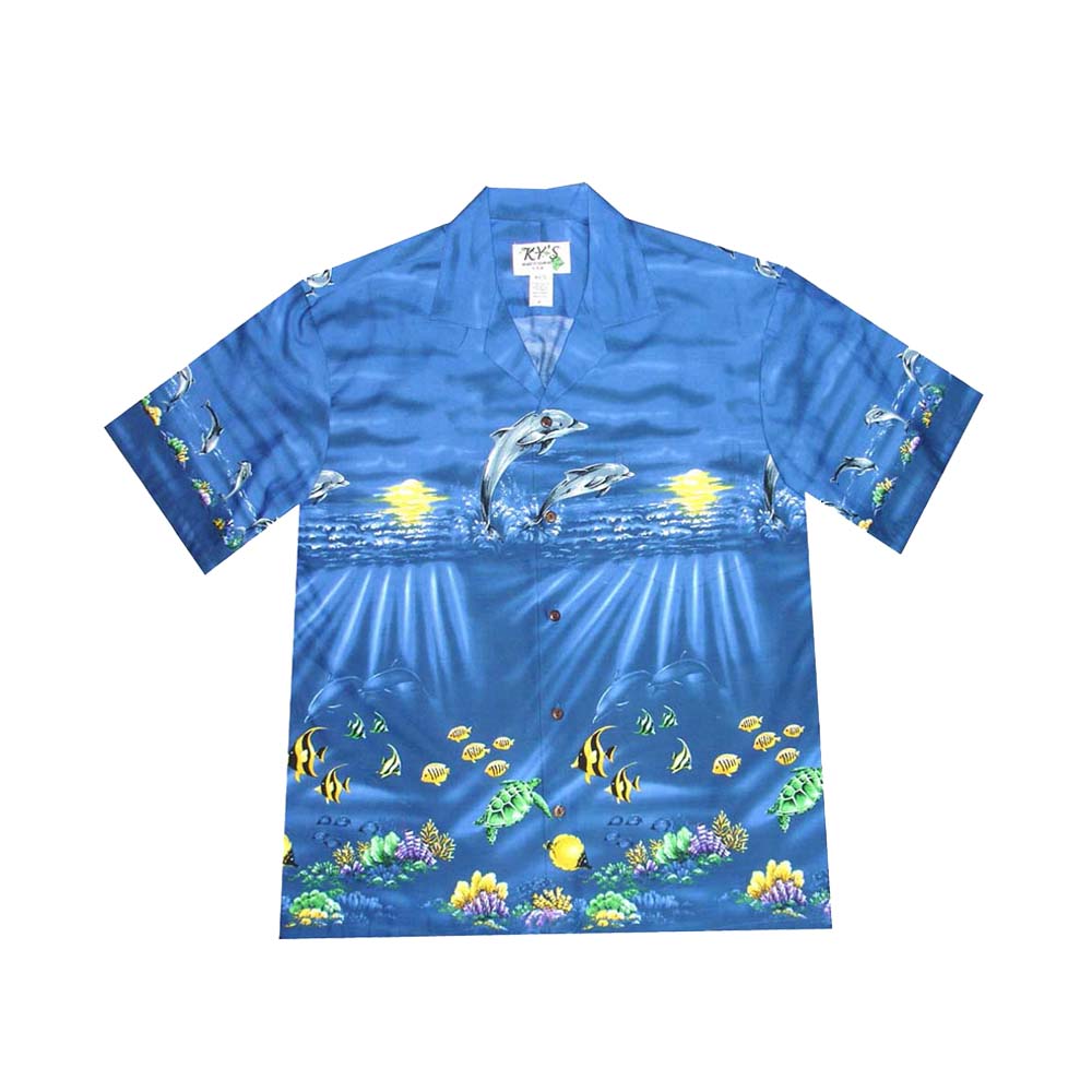 Ky's Hawaiian Cotton Shirt Sunrise Dolphins -Navy