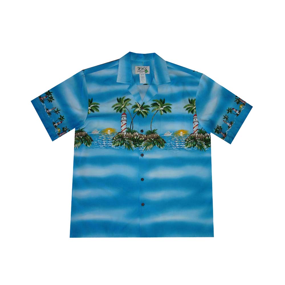 Cotton Hawaiian Shirt Light House Oahu - Blue