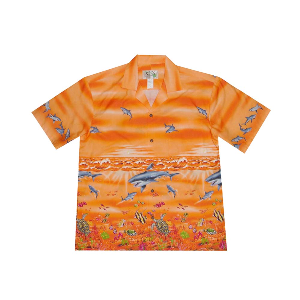 Cotton Hawaiian Shirt Shark Ocean-Orange