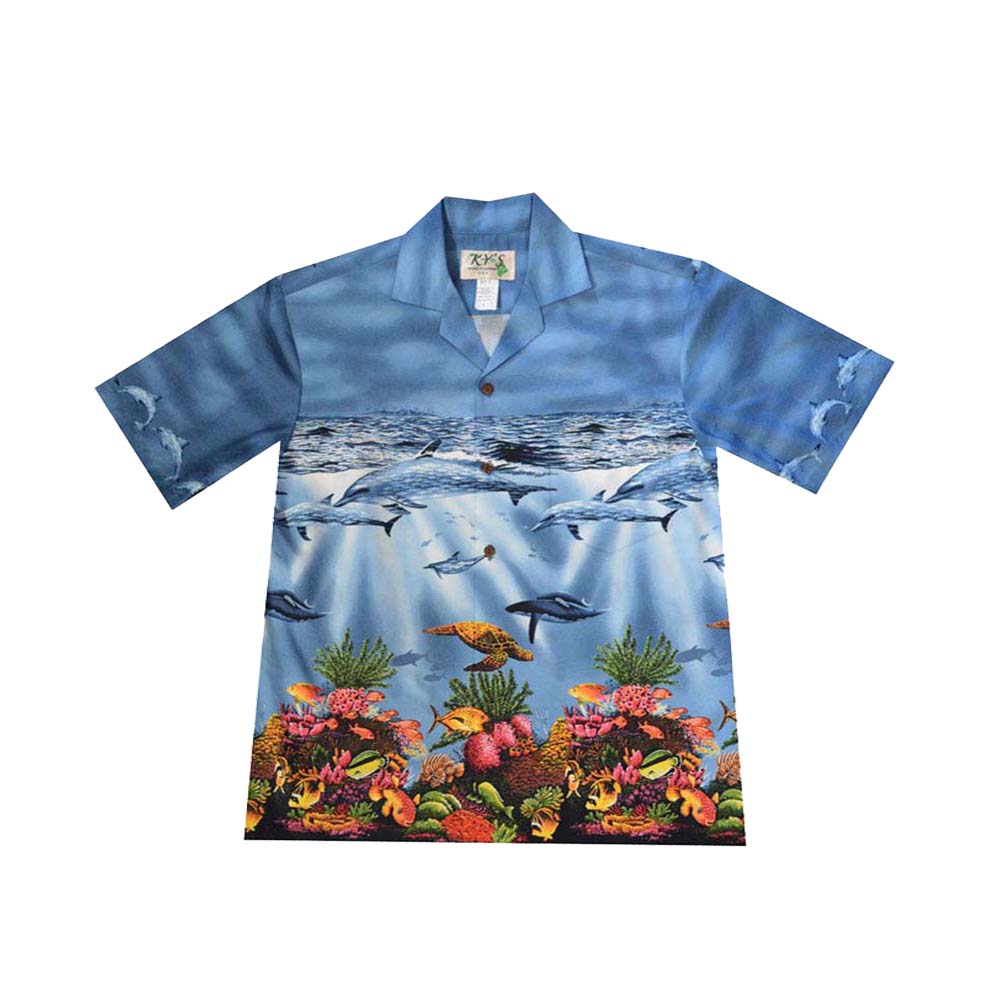 Ky's Hawaiian Cotton Shirt Whale Oceanic Life-Blue
