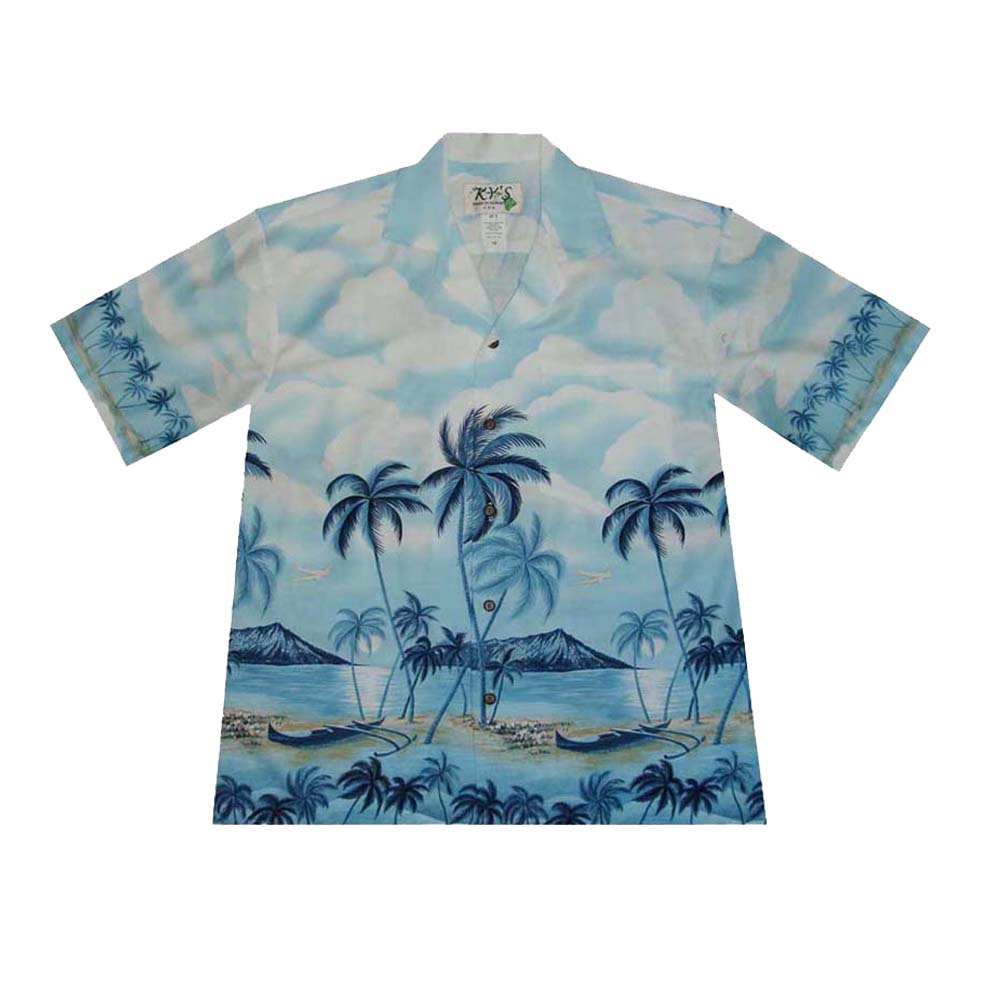 Ky's Hawaiian Cotton Shirt Diamond Head Shoreline - Blue