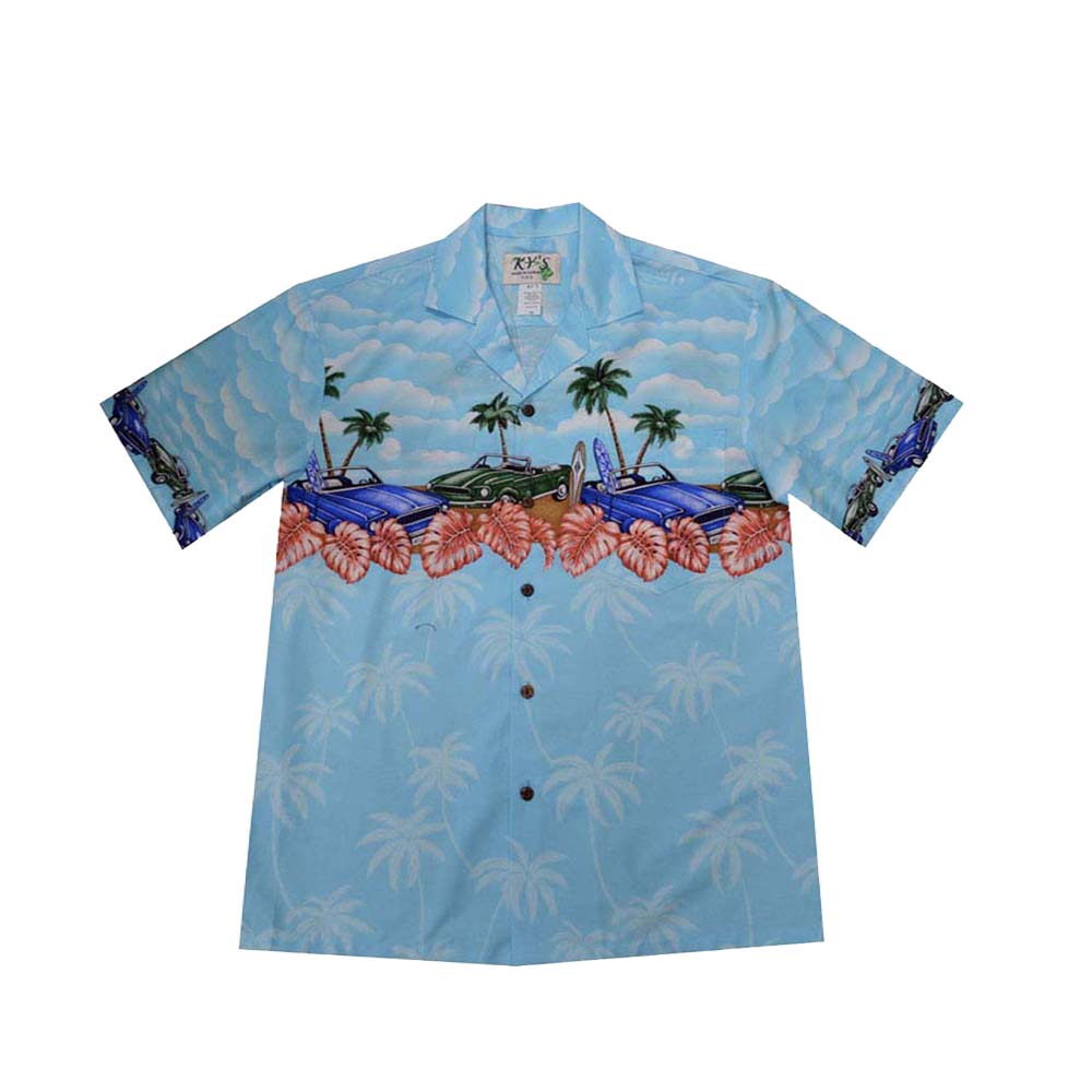100% cotton Hawaiian shirt with blue muscle car theme is made locally Honolulu