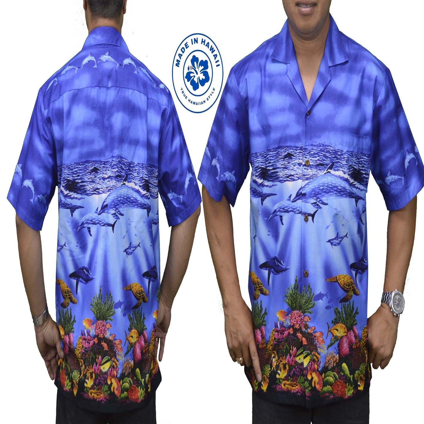 made in Hawaii aloha cotton Hawaiian shirt with whale in oceanic life in blue background