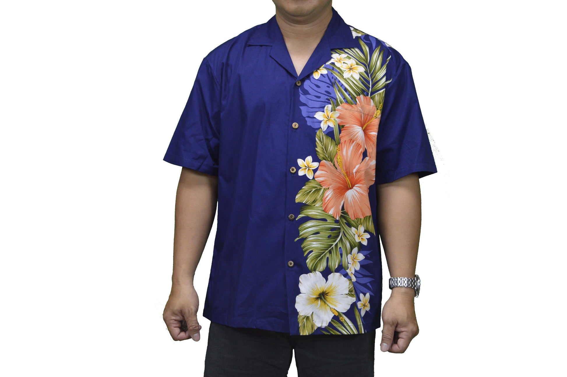 made in Hawaii aloha cotton Hawaiian shirt with red hibiscus side flower 