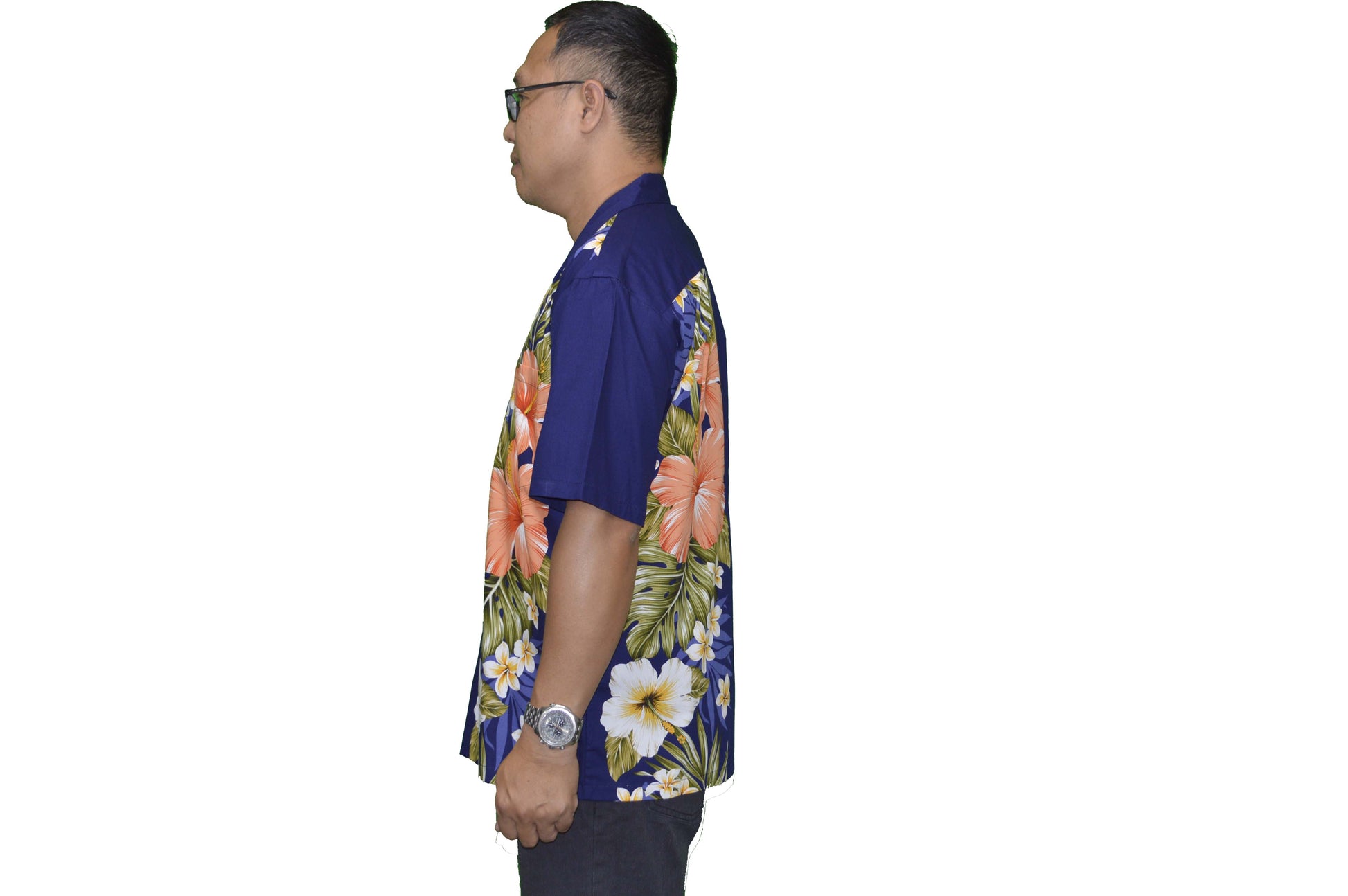 made in Hawaii aloha cotton Hawaiian shirt with red hibiscus side flower 