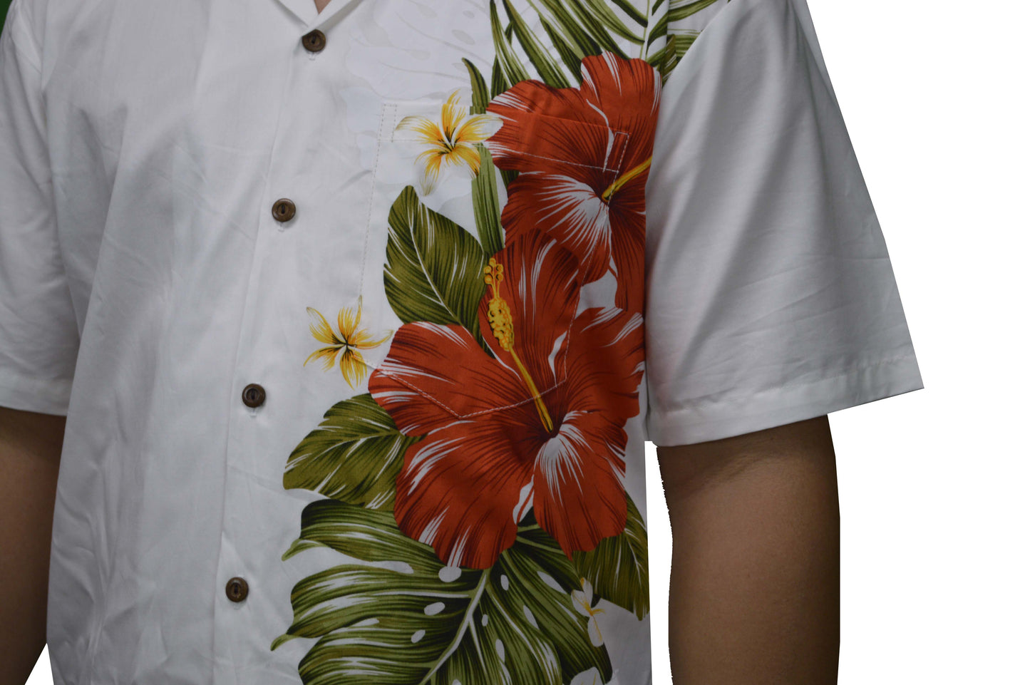 KY'S International Fashion White Hibiscus Panel Red Hawaiian Shirt Medium